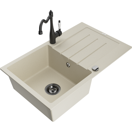Mexen Bruno granite single-bowl sink with drainer and Carla kitchen faucet, beige - 6513-69-670700-70