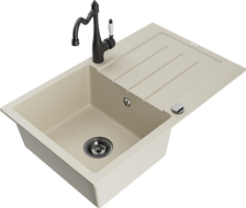 Mexen Bruno granite single-bowl sink with drainer and Carla kitchen faucet, beige - 6513-69-670700-70