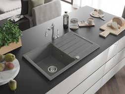 Mexen Bruno 1-compartment granite sink with a drip tray and kitchen mixer tap Carla, Grey - 6513-71-670700-00