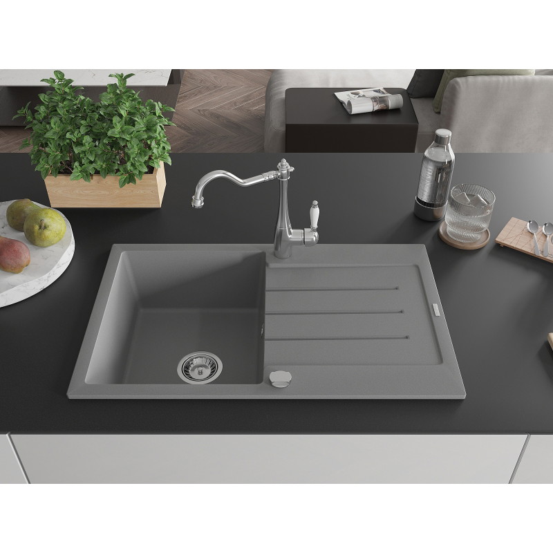 Mexen Bruno granite kitchen sink 1-bowl with drainer and Carla kitchen faucet, gray - 6513-71-670700-00