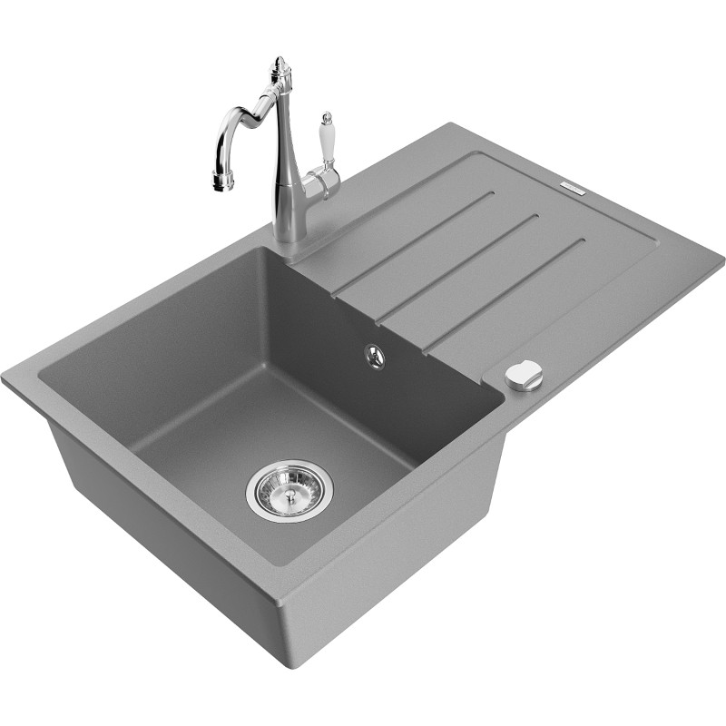 Mexen Bruno 1-Bowl Granite Sink with Drainer and Carla Kitchen Faucet, Gray - 6513-71-670700-00