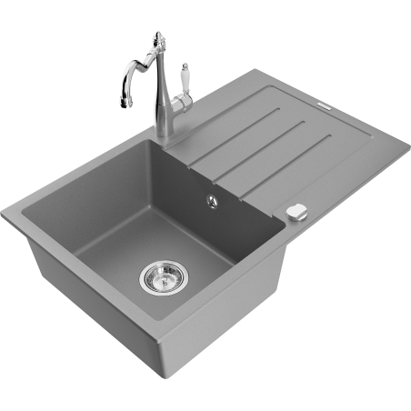 Mexen Bruno 1-compartment granite sink with a drip tray and kitchen mixer tap Carla, Grey - 6513-71-670700-00