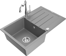 Mexen Bruno granite sink 1-bowl with drainer and Carla kitchen tap, grey - 6513-71-670700-00