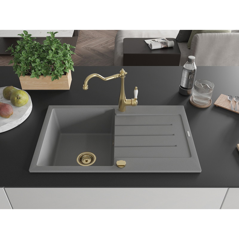 Mexen Bruno granite kitchen sink 1-bowl with drainer and kitchen faucet Carla, gray - 6513-71-670700-50