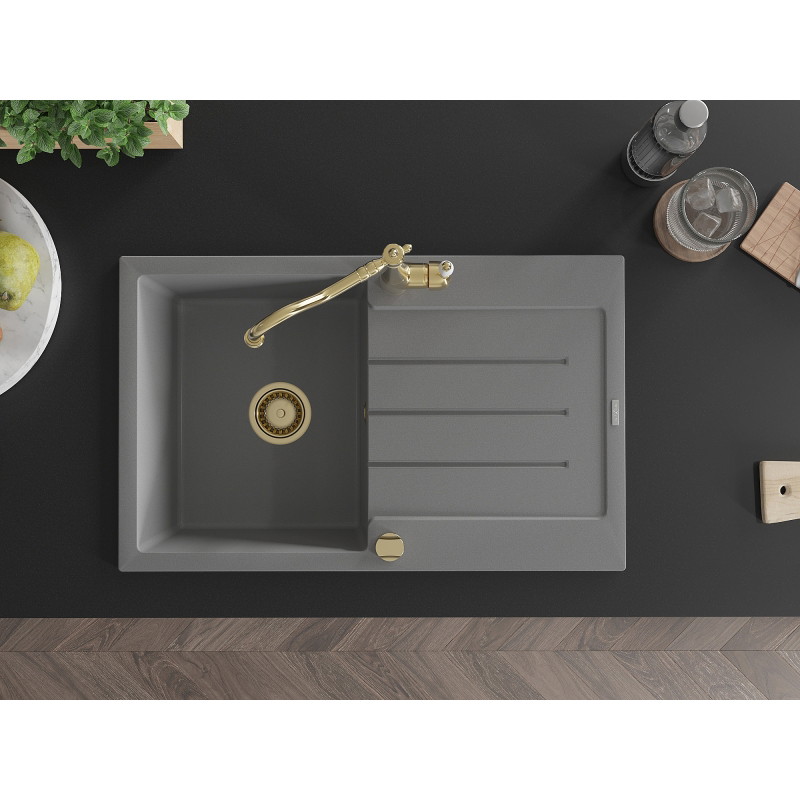 Mexen Bruno granite kitchen sink 1-bowl with drainer and Carla kitchen faucet, gray - 6513-71-670700-50