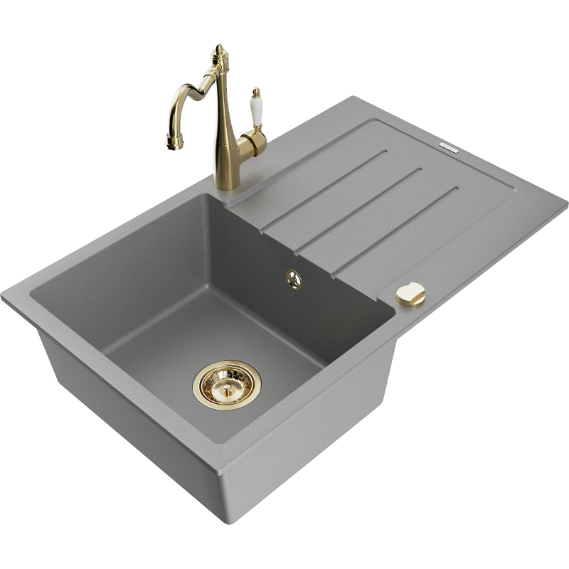 Mexen Bruno 1-compartment granite sink with a drip tray and kitchen mixer tap Carla, Grey - 6513-71-670700-50