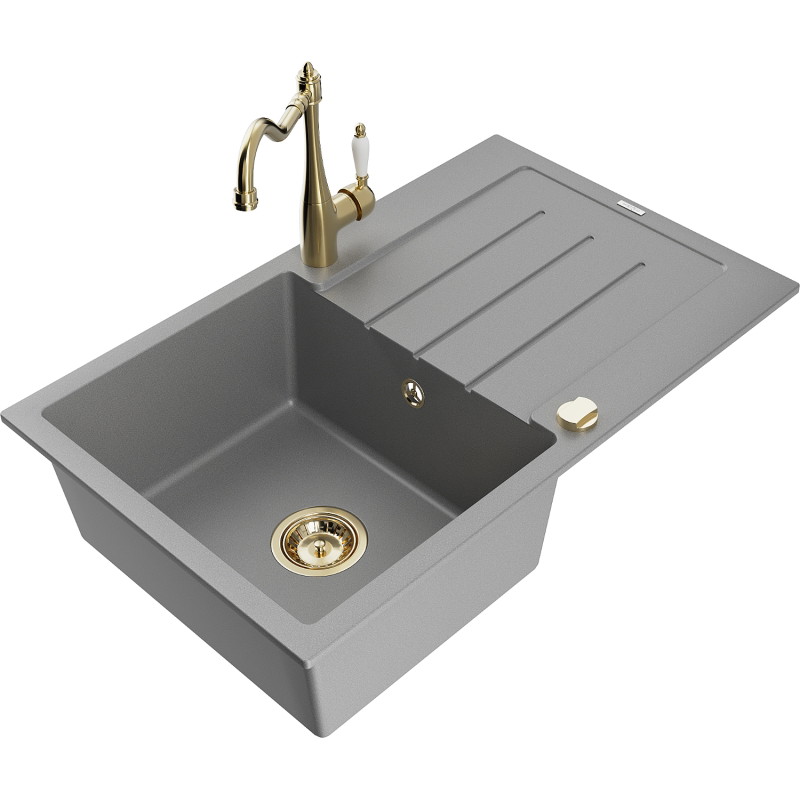 Mexen Bruno granite kitchen sink 1-bowl with drainer and kitchen faucet Carla, gray - 6513-71-670700-50