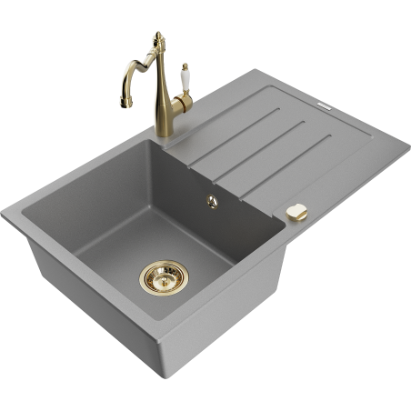 Mexen Bruno granite kitchen sink 1-bowl with drainer and Carla kitchen tap, grey - 6513-71-670700-50