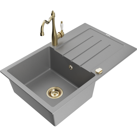 Mexen Bruno granite kitchen sink 1-bowl with drainer and kitchen faucet Carla, gray - 6513-71-670700-50