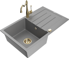 Mexen Bruno granite kitchen sink 1-bowl with drainer and Carla kitchen faucet, gray - 6513-71-670700-50