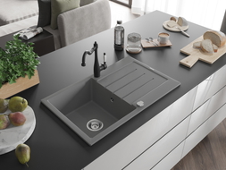 Mexen Bruno granite kitchen sink single bowl with drainer and kitchen faucet Carla, gray - 6513-71-670700-70