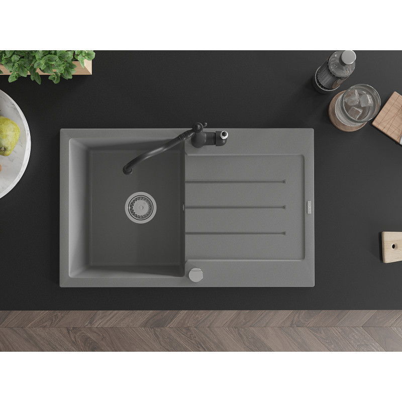 Mexen Bruno 1-bowl granite sink with drainer and Carla kitchen tap, grey - 6513-71-670700-70