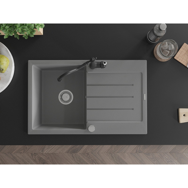 Mexen Bruno granite kitchen sink single bowl with drainer and kitchen faucet Carla, gray - 6513-71-670700-70