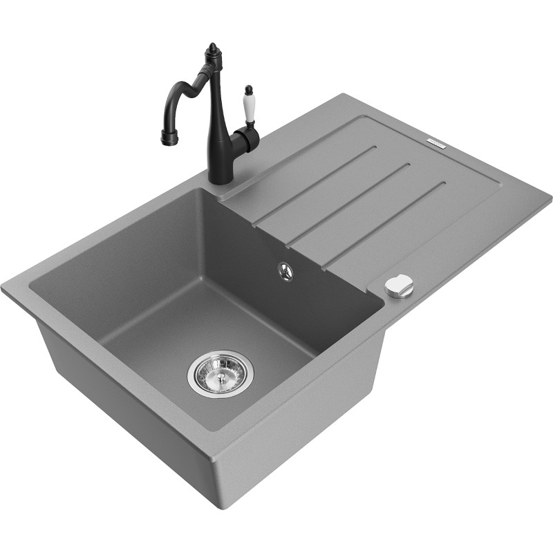 Mexen Bruno granite kitchen sink single bowl with drainer and kitchen faucet Carla, gray - 6513-71-670700-70