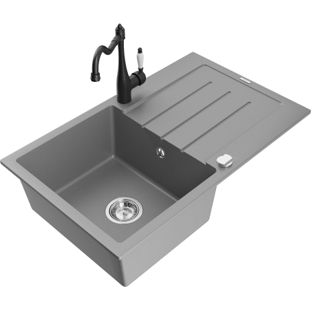 Mexen Bruno granite kitchen sink single bowl with drainer and kitchen faucet Carla, gray - 6513-71-670700-70