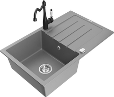 Mexen Bruno 1-bowl granite sink with drainer and Carla kitchen tap, grey - 6513-71-670700-70
