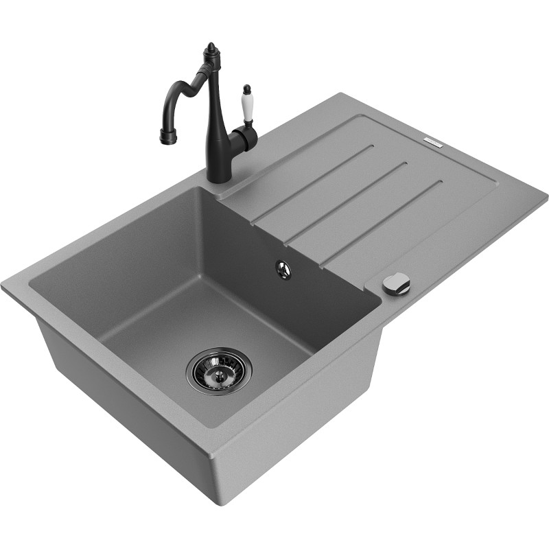 Mexen Bruno 1-bowl granite sink with drainer and Carla kitchen faucet, gray - 6513-71-670700-70-B