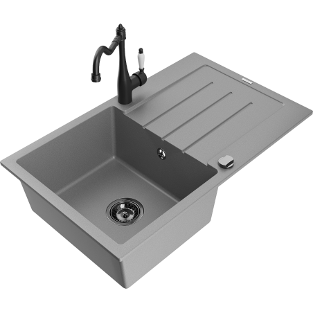 Mexen Bruno 1-bowl granite sink with drainer and Carla kitchen faucet, gray - 6513-71-670700-70-B