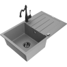Mexen Bruno 1-bowl granite sink with drainer and Carla kitchen faucet, gray - 6513-71-670700-70-B