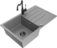 Mexen Bruno 1-bowl granite sink with drainer and Carla kitchen faucet, gray - 6513-71-670700-70-B