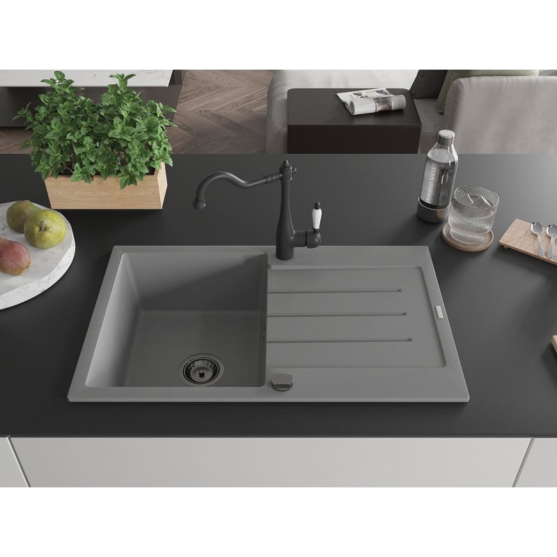 Mexen Bruno 1-bowl granite sink with drainer and Carla kitchen faucet, gray - 6513-71-670700-70-B