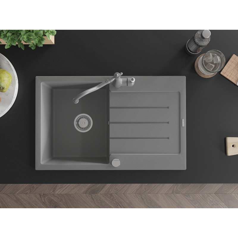 Mexen Bruno 1-bowl granite sink with drainer and kitchen faucet Carla, gray - 6513-71-670700-71