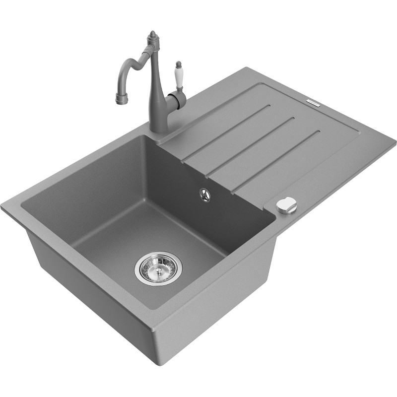 Mexen Bruno 1-bowl granite sink with drainer and kitchen faucet Carla, gray - 6513-71-670700-71