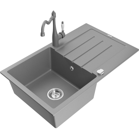 Mexen Bruno granite sink 1-bowl with drainer and Carla kitchen tap, grey - 6513-71-670700-71