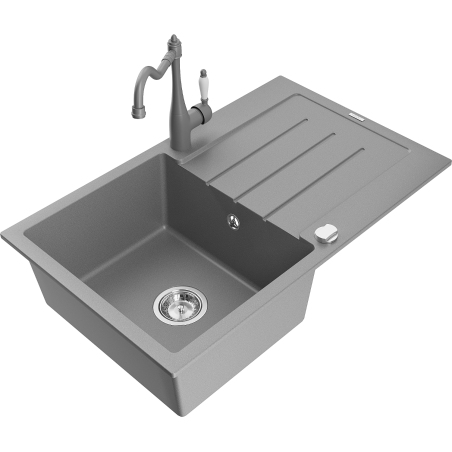 Mexen Bruno single-bowl granite sink with drainer and Carla kitchen faucet, gray - 6513-71-670700-71