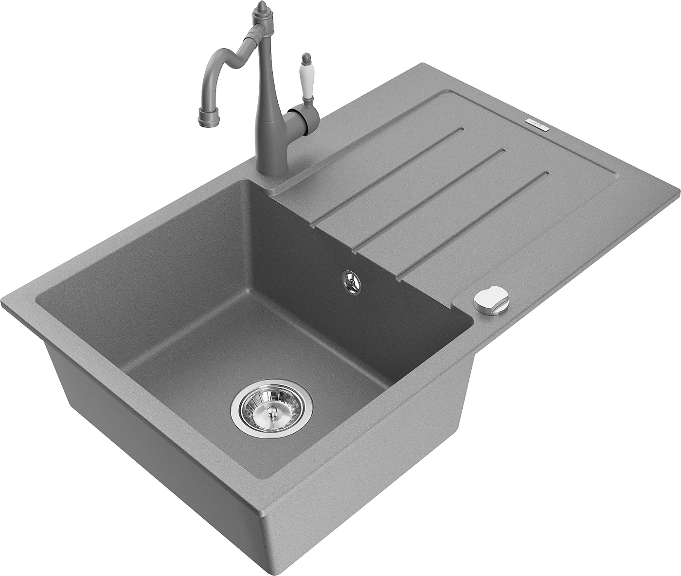 Mexen Bruno 1-compartment granite sink with a drip tray and kitchen mixer tap Carla, Grey - 6513-71-670700-71