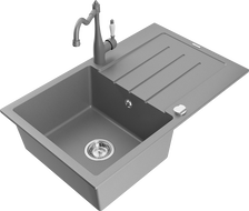 Mexen Bruno single-bowl granite sink with drainer and Carla kitchen faucet, gray - 6513-71-670700-71