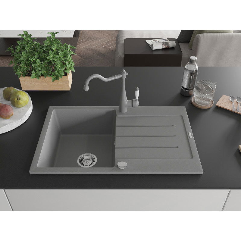 Mexen Bruno granite sink 1-bowl with drainer and Carla kitchen tap, grey - 6513-71-670700-71