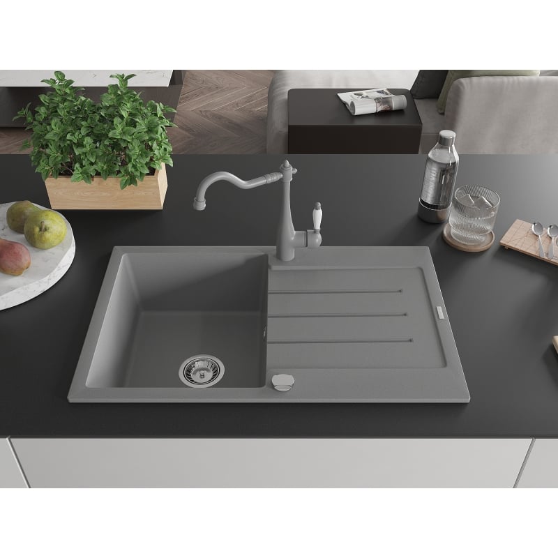 Mexen Bruno single-bowl granite sink with drainer and Carla kitchen faucet, gray - 6513-71-670700-71