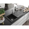Mexen Bruno granite kitchen sink 1-bowl with drainer and Carla kitchen tap, black/silver metallic - 6513-73-670700-00