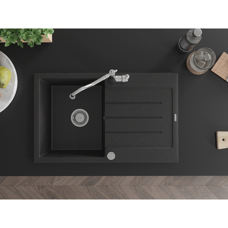 Mexen Bruno 1-bowl granite sink with drainer and Carla kitchen faucet, black/silver metallic - 6513-73-670700-00