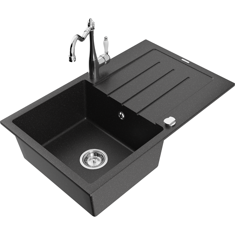 Mexen Bruno 1-compartment granite sink with a drip tray and kitchen mixer tap Carla, Black/Silver metallic - 6513-73-670700-00