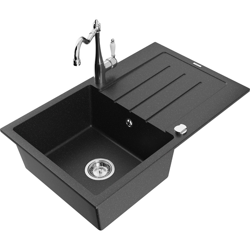 Mexen Bruno granite kitchen sink 1-bowl with drainer and Carla kitchen faucet, black/silver metallic - 6513-73-670700-00