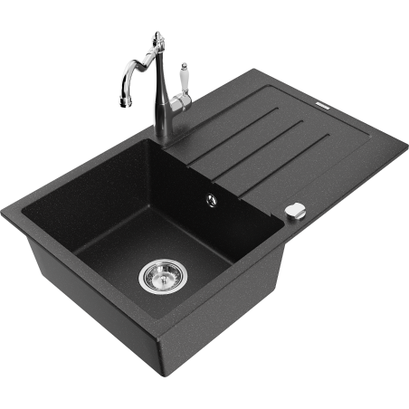 Mexen Bruno granite kitchen sink 1-bowl with drainer and Carla kitchen faucet, black/silver metallic - 6513-73-670700-00