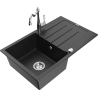Mexen Bruno 1-bowl granite sink with drainer and Carla kitchen faucet, black/silver metallic - 6513-73-670700-00