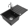 Mexen Bruno granite kitchen sink 1-bowl with drainer and Carla kitchen tap, black/silver metallic - 6513-73-670700-00