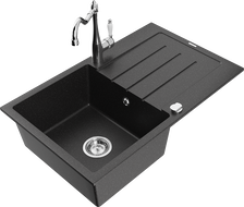 Mexen Bruno granite kitchen sink 1-bowl with drainer and Carla kitchen tap, black/silver metallic - 6513-73-670700-00