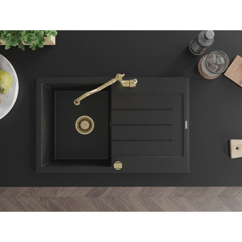 Mexen Bruno granite sink, 1-bowl with drainer and Carla kitchen tap, black/silver metallic - 6513-73-670700-50