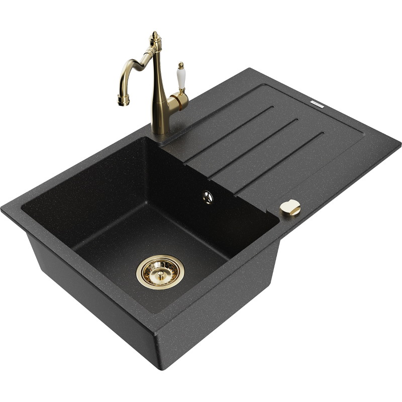 Mexen Bruno granit sink 1-bowl with drainer and Carla kitchen faucet, black/silver metallic - 6513-73-670700-50