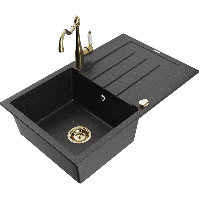 Mexen Bruno granite sink, 1-bowl with drainer and Carla kitchen tap, black/silver metallic - 6513-73-670700-50