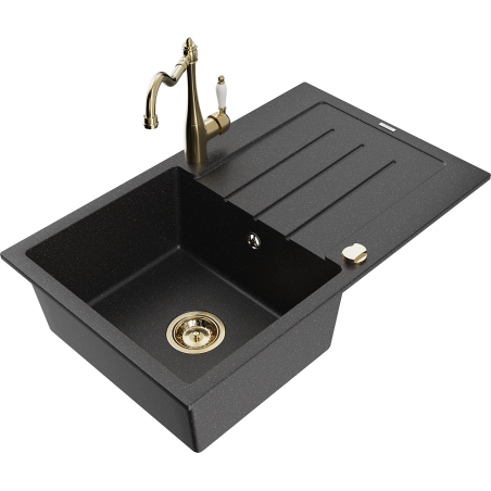 Mexen Bruno granite sink, 1-bowl with drainer and Carla kitchen tap, black/silver metallic - 6513-73-670700-50