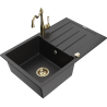 Mexen Bruno granite sink, 1-bowl with drainer and Carla kitchen tap, black/silver metallic - 6513-73-670700-50