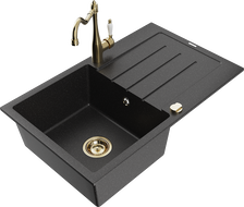 Mexen Bruno granite sink, 1-bowl with drainer and Carla kitchen tap, black/silver metallic - 6513-73-670700-50