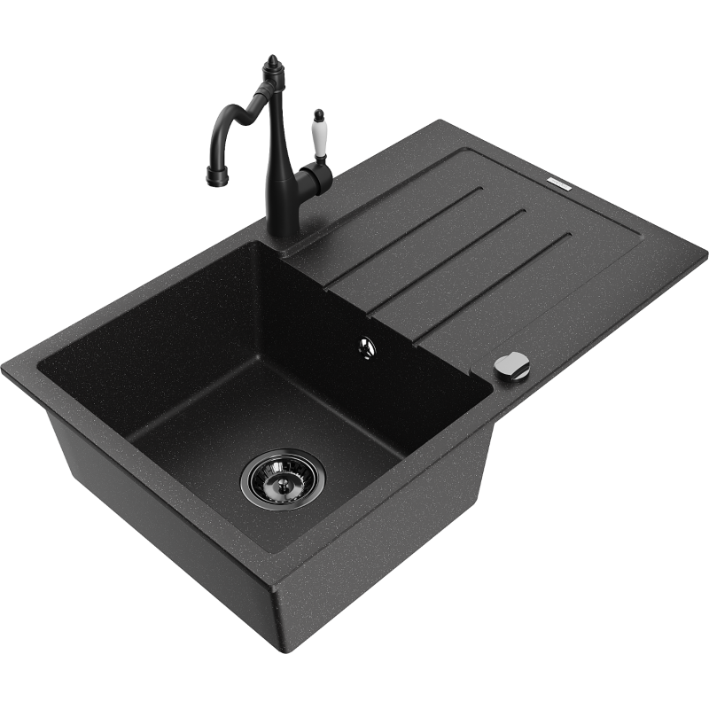 Mexen Bruno 1-compartment granite sink with a drip tray and kitchen mixer tap Carla, Black/Silver metallic - 6513-73-670700-70-B