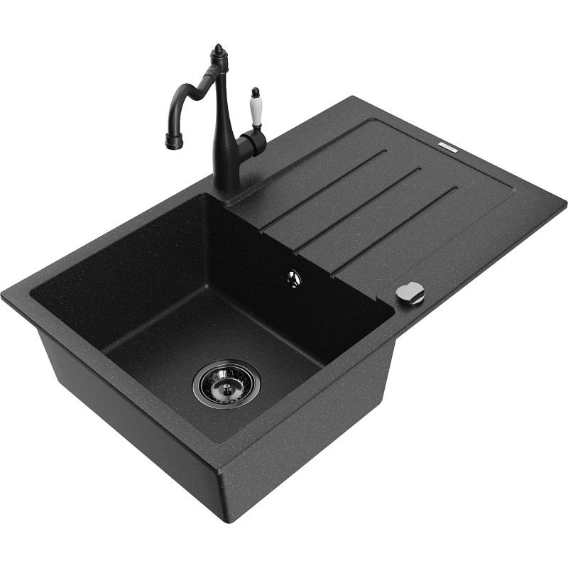 Mexen Bruno granite kitchen sink 1-bowl with drainer and Carla kitchen faucet, black/silver metallic - 6513-73-670700-70-B