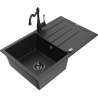 Mexen Bruno granite kitchen sink 1-bowl with drainer and Carla kitchen faucet, black/silver metallic - 6513-73-670700-70-B